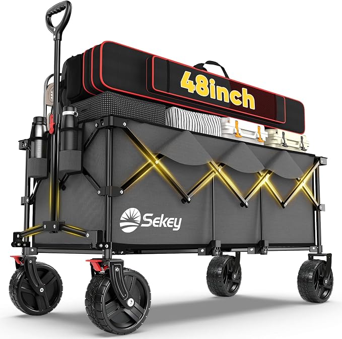Sekey 48''L Collapsible Foldable Extended Wagon with 660lbs Weight Capacity, Heavy Duty 300L Folding Utility Garden Cart with Big All-Terrain Beach Wheels & Drink Holders. Grey
