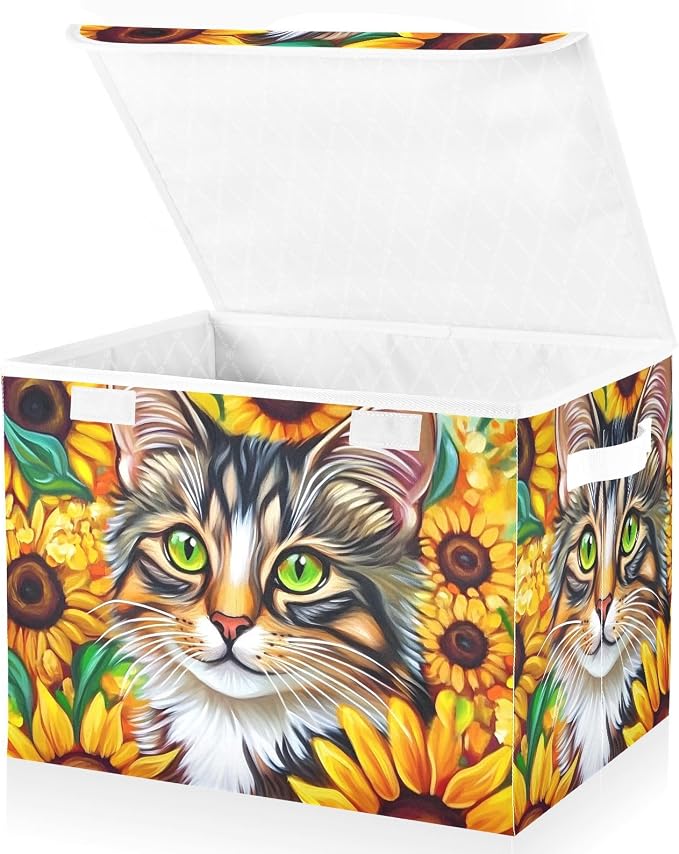 Sunflower Cat Storage Bins with Lids Closet Bedroom 40L Storage Basket | Decorative Storage Boxes, Foldable & Stackable, Dust-Proof Flip Top, Reinforced Handles, For Home & Dorm, Clothes & Toy Box