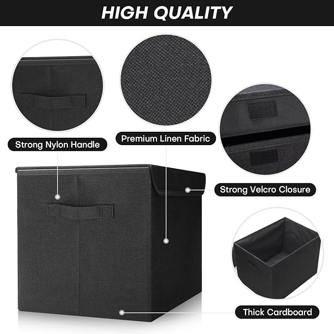 Large 42 Quarts Fabric Storage Bins with Lids [2-Pack] Linen Collapsible Foldable Storage Cubes, Closet Organizer Containers boxes with Handles for Home Office (16.7 x 12 x 12, Black)