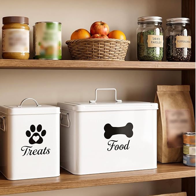 Dog Treat Container Set of 2, Airtight Metal Dog Food Storage Container (12-15 lb & 6-8 lb Capacity), Large & Small Kibble Storage Containers with Lid and 2 Scoops, for Dry Food and Treats (White)