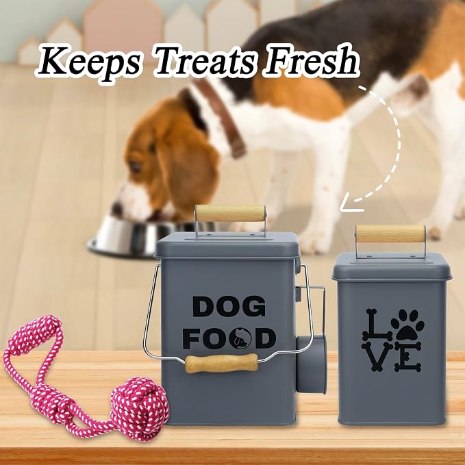 Dog Food Storage Container Set of 2 Dog Treat Container with Airtight Lids Dog Treat Jar with Scoop Metal Dog Food Holder with Wooden Handles for Kitchen Counter and Pantry Home Decor - Grey