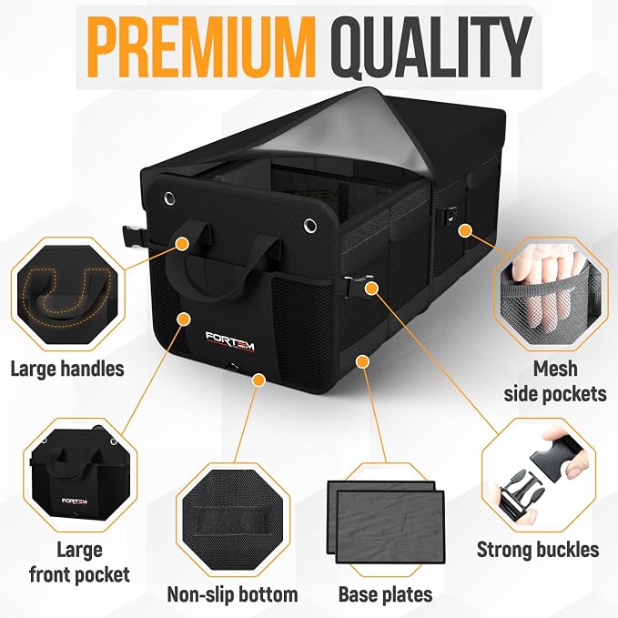 FORTEM Trunk Organizer - Collapsible Car Organizer & Storage Bag for SUVs | Car Accessories for Men & Women, Cooler Bag, Non Slip Bottom, Straps, Soft Cover, 1680D Oxford, 3 Compartments, Black, 65L