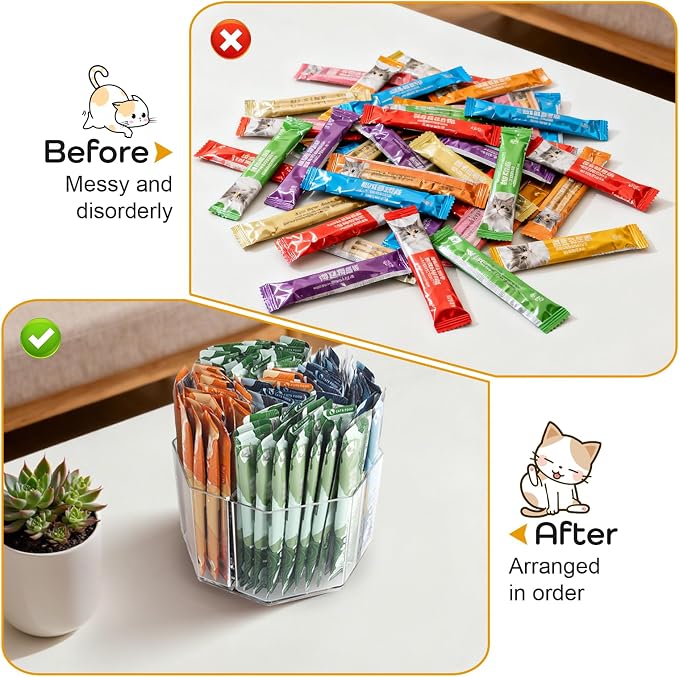 Lickable Cat Treats Organizer, Lazy susan Acrylic Squeeze Up Cat Food Storage Container, Wet Cat Treats Storage for Kitchen Cabinet Pantry Shelf Countertop(Rhombus)