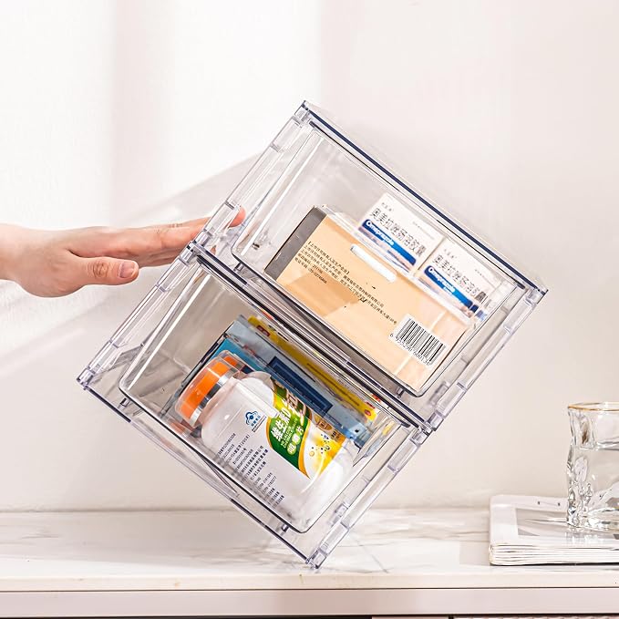 6 Pack Stackable Organizer Drawers, Clear Desk Storage Box,Transparent Drawer in Home, Office and Kitchen Pull Out Organizer Bins for Make Up, Pen, Desktop Stationary (6 Pack)