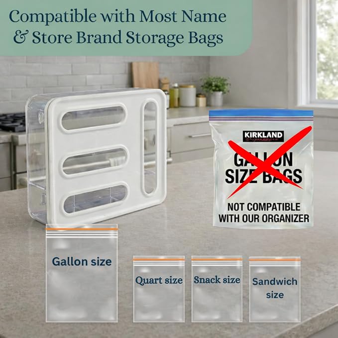 Food Storage Bag Organizer – 4-in-1 Plastic Baggie Organizer for Drawer | Fits Sandwich, Snack, Gallon, Quart & Slider Bags | Kitchen Storage Organizer | Wall & Drawer Mount