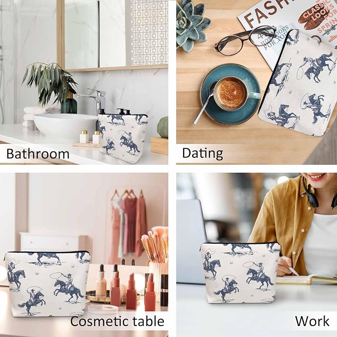 Women Cosmetic Bag Cowboy, American Western Cowboy Horse Riders Cute Makeup Bag For Purse Cosmetic Travel Bag For Toiletries Makeup Storage Bag Flax Skincare Bag Make Up Pouch Bags