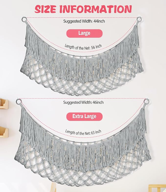 Stuffed Animal Hammock - Extra Large 63'' Long (Light grey) | Premium Cotton Hand-knitted, Beautiful Long Tassel, Storage Hanging Organizer, Can Fit Stuffed Animals 40 Piece or More