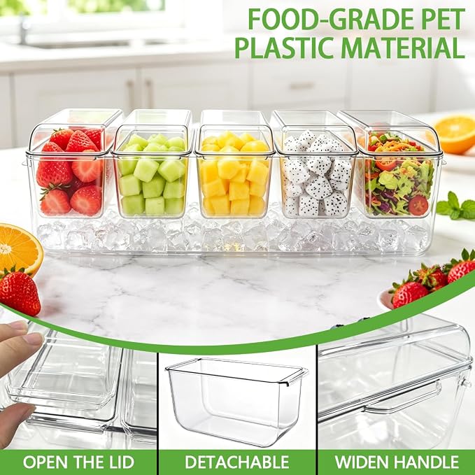 OBTANIM 16 Inch Ice Chilled Condiment Server Caddy Plastic Clear Food Storage Container Garnish Tray with Separate Lid and 5 Removable Compartments for Bar Party Fruit Salad