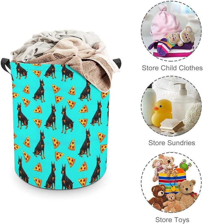 Large Laundry Basket with Handles Doberman Pinscher Turquoise Pizza, Collapsible Waterproof Hamper for Clothes, Toys, and Towel Organization at Home