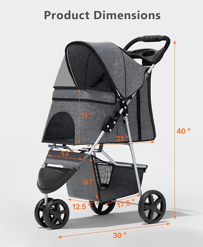 OS MOTOR 3 Wheels Pet Stroller for Small Medium Pets, Gray | Foldable Carrier Jogger, Rear Wheel Breaks, Storage Basket, Visible Mesh Weather Cover, Portable, Dog, Cat, Puppy, Kitty