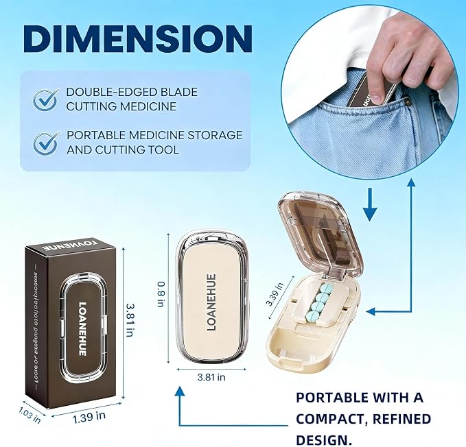 Precision Pill Cutter for Small and Tiny Pills, Sharp Blade with Storage Compartment, Travel-Friendly 1/2 Pill Splitter for Home/On-The-Go, White
