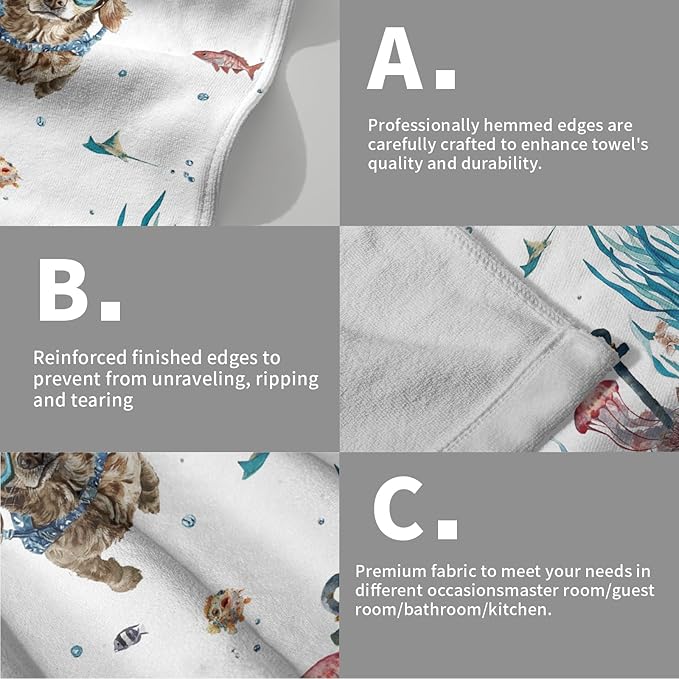 Giwawa Funny Dog Hand Towel Set of 2 Summer Nautical Ocean Blue Sea Towel Underwater Swimming Puppy Decorative Face Fingertip Towel Dish Wash Cloth for Bathroom Hotel Gym Home Spa