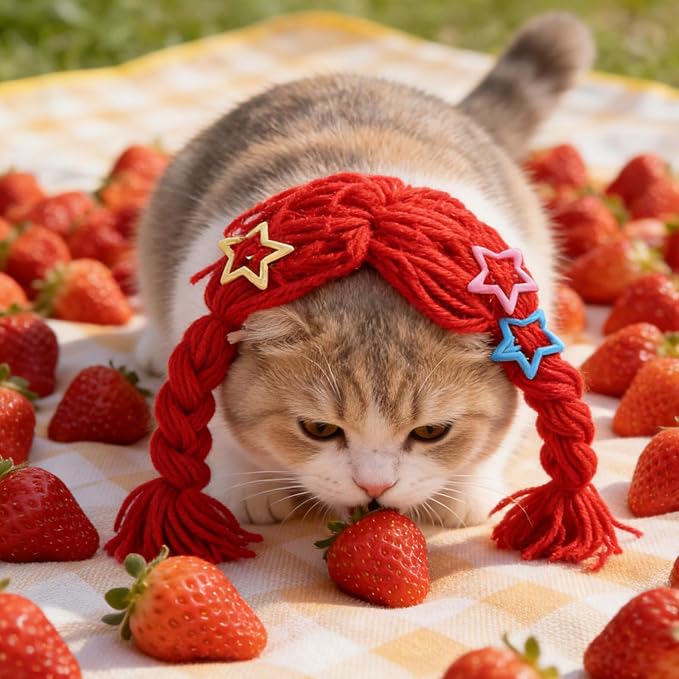 Funny Cat Braids Wig with Red Yarn and Bows, Comfortable Fit and Washable Pet Costume Accessory for Holiday Celebrations and Cat Selfie Props