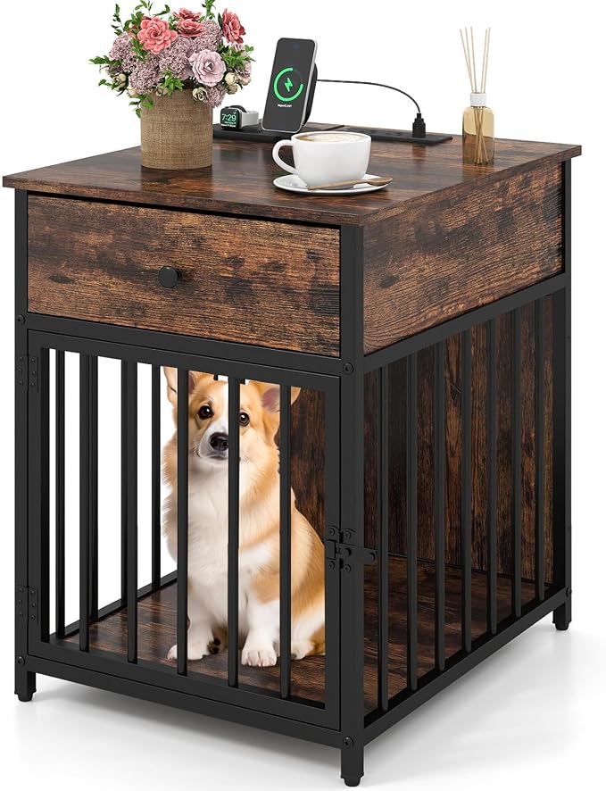 Giantex Dog Crate End Table with Charging Station, Small Dog Kennel Furniture with Drawer, Chew-Resistant Metal Tube, Lockable Door, Indoor Pet Cage Side Table for Small Dogs, Rustic Brown