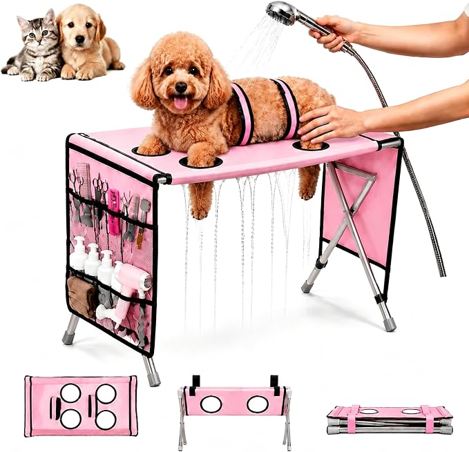 Foldable Pet Bathing Stand Holder Grooming Shower 8-Hole Wash Hammock,Washing Bed for Small Dogs and Cats Washing Picking Ears Nail Clipping,Stainless Steel Grooming Table with Stand，Upgrade-Pink