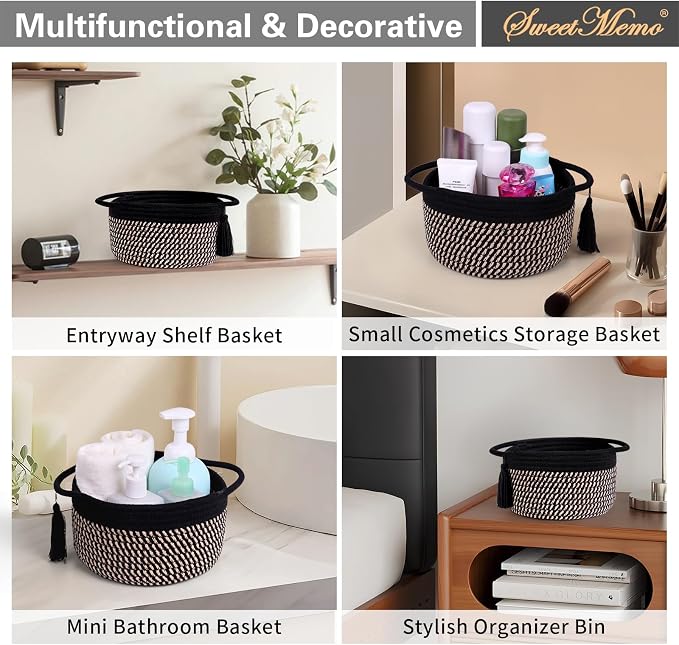 Small Gift Basket Empty to Fill, Gifts Bag & Ribbon, Dark Brown | Cute Decorative Mini Woven Rope Basket with Handles for Gifting; Reusable for Bathroom Counter or Desk Catchall, 8 x 4.7 in