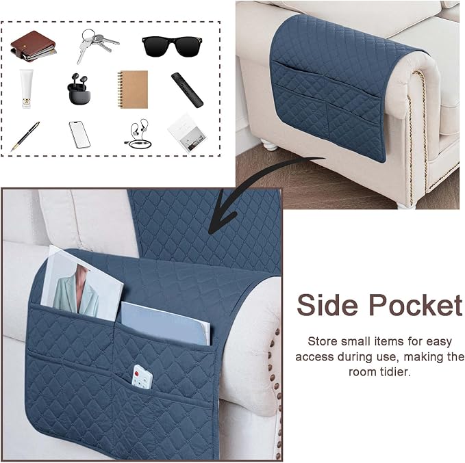 Large Polyester Armrest and Headrest Covers with 2 Pockets | Soft, smooth polyester resists daily wear nonslip silicone backing helps shield recliners and sofas from pet scratches