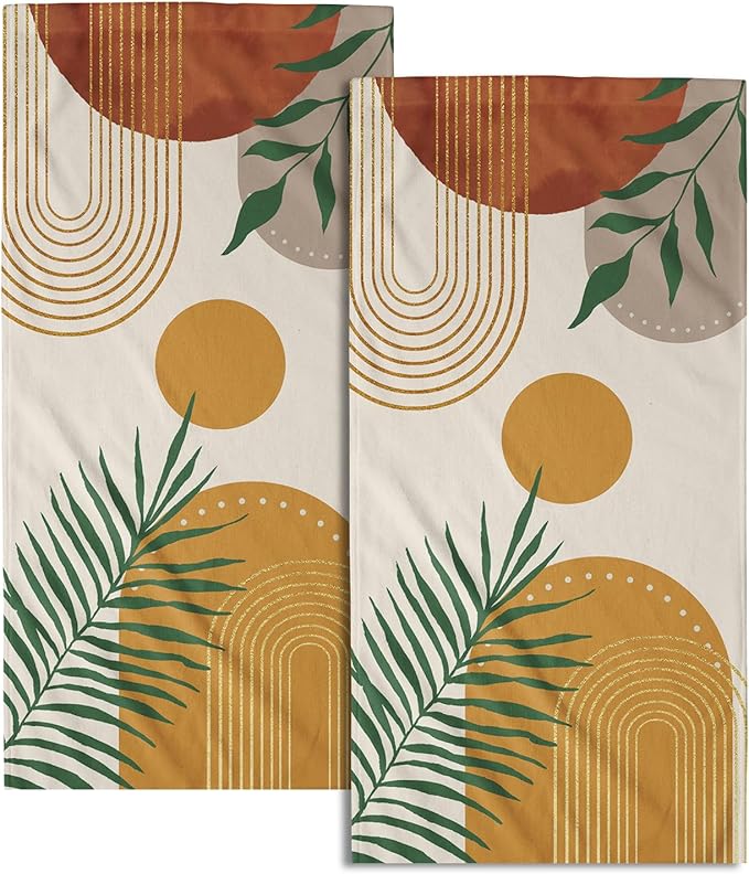 Giwawa Boho Leaves Hand Towels Set of 2 Yellow Mid Century Soft Absorbent Decorative Dish Guest Towel for Spa Gym Hotel Home Bath Kitchen Decor