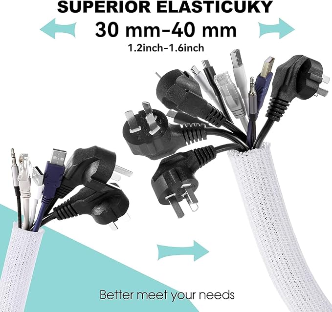 AGPTEK Cable Sleeve, 2 Pack 5ft - 1.6 Inch Cable Management Cord Hide,White | Desk Cord Cover Organizer Wire Hider for Office Computer TV Wire Loom Tubing Pet-Proof Cord Protector from Cat Dog Chewing