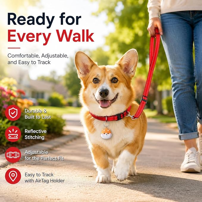 Reflective Soft Neoprene Padded Matching Dog Collar with Leash Airtag Holder Case Set Safety Breathable Adjustable Nylon Dog Collars for X-Small Small Medium Large Dogs-Red-L