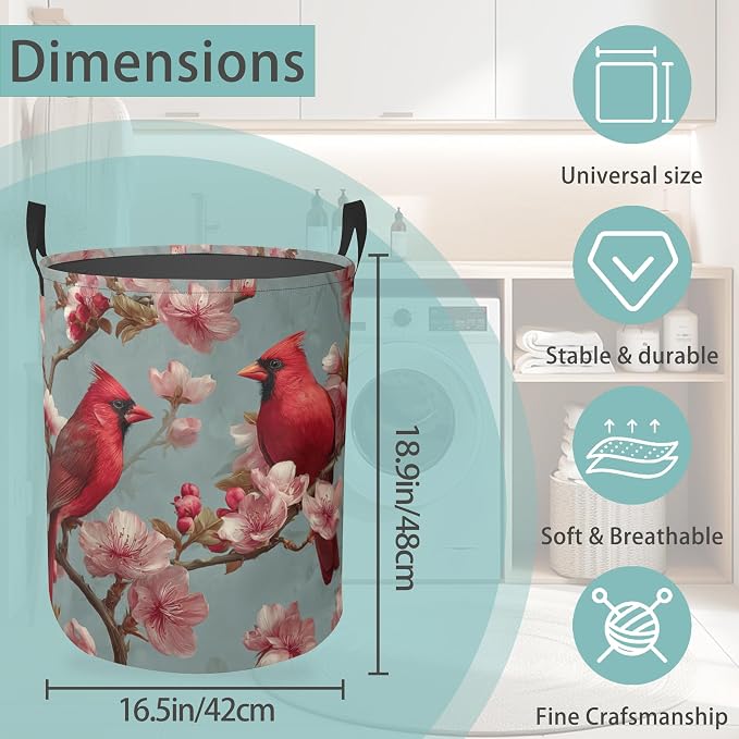 Laundry Basket With Handle, Dirty Clothes Laundry Hamper, Oxford Cloth Bin Storage Organizer for Toy Collection (Spring Cardinal Bird)