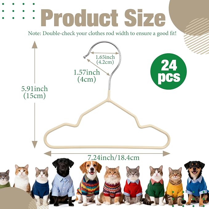 24 Pcs Dog Clothes Hangers 7.24 Inch Beige Metal Pet Clothes Hangers, Cat Clothing Hangers, Pet Clothing Holders Coat Hangers for Small Pet Such as Dog & Cat Costumes