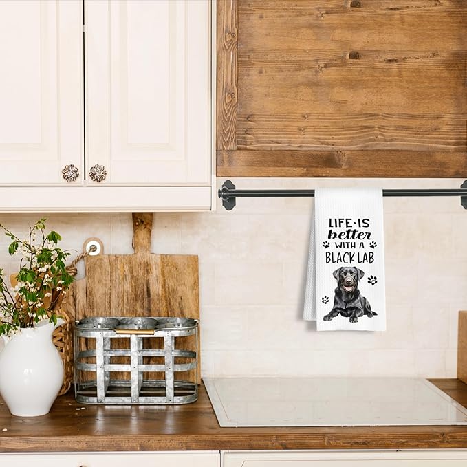 Funny Black Lab Kitchen Towels, Life is Better with a Black Lab Dish Towel for Kitchen Home Bathroom Decor, Dog Lovers Gift, 16×24 Inch