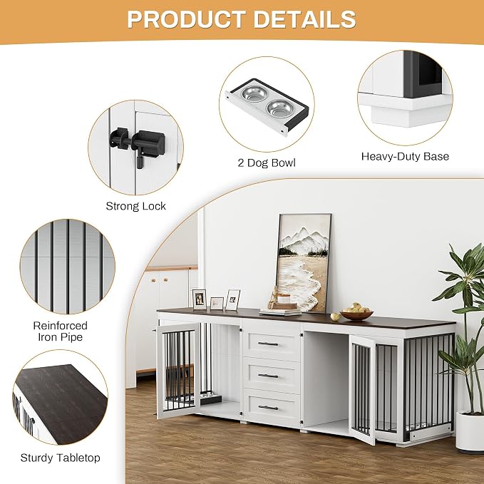 OUYESSIR 94.5" Double Dog Crate Furniture for Medium Large Dogs, White | Extra large dog kennel fits 2 Medium or large dogs, 3 Storage Drawers, 4 removable Stainless steel dog bowls, Solid Wood