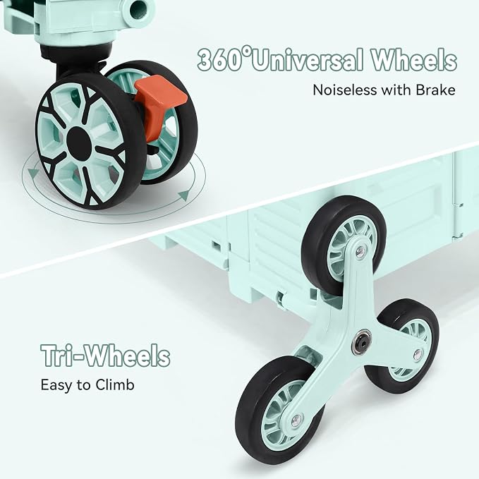 Foldable Utility Cart Portable Crate Rolling Dolly with Telescopic Handle,Can be Pulled diagonally, Magnetic Retractable Lid, 360°Swivel Climbing Wheels for Shopping Carrying Groceries Move Green