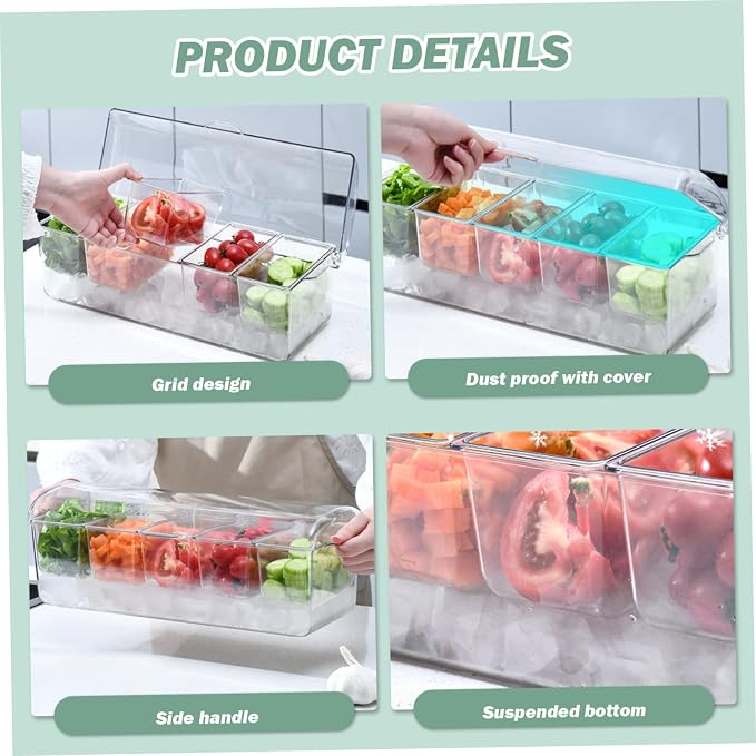 Gcroet Chilled Condiment Server with Lid 5 Compartment Condiment Tray with Ice Chamber and Handle Food Grade PET Transparent Caddy for Bar Party ...