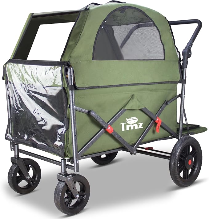 TMZ Collapsible Wagon Cart, Folding Utility Wagon with Breathable Fabric, Canopy, Expandable Storage, Adjustable Handle, Brake, Heavy Duty Cart for Walking & Camping (Green)
