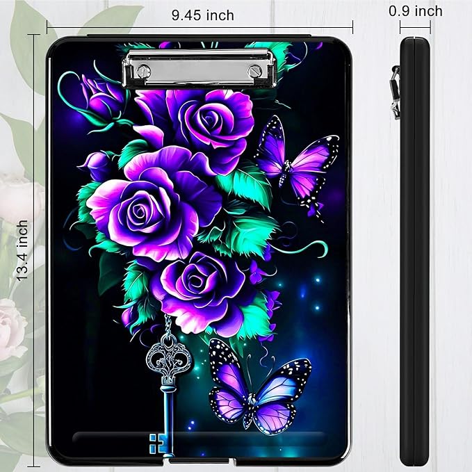 Purple Roses 02 A4 Clipboard with Storage Pen Holder, Clipboards Organizer Nursing Clipboard Foldable File Folder Plastic Clipboard Folio Clip Board for Office Students Classroom Doctor
