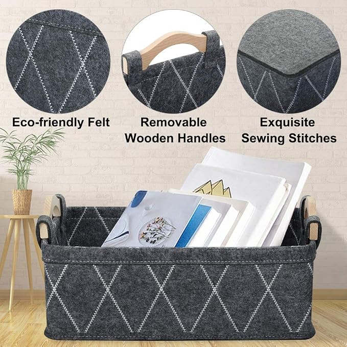 Small Storage Baskets Foldable Rectangle Containers Empty Gift Basket for DVD CD Record Cord Books Video Electronics Items Remote TV Cabinet Organizer with Wooden Handles