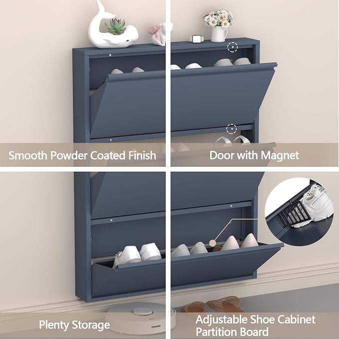 GREATMEET Shoe Cabinet with 3 Flip Drawers, Slim Metal Shoe Cabinet Storage for Entryway, Hidden Narrow Shoe Rack Organizer Cabinets Wall Mount for Living Room, Bedroom, Hallway, Blue