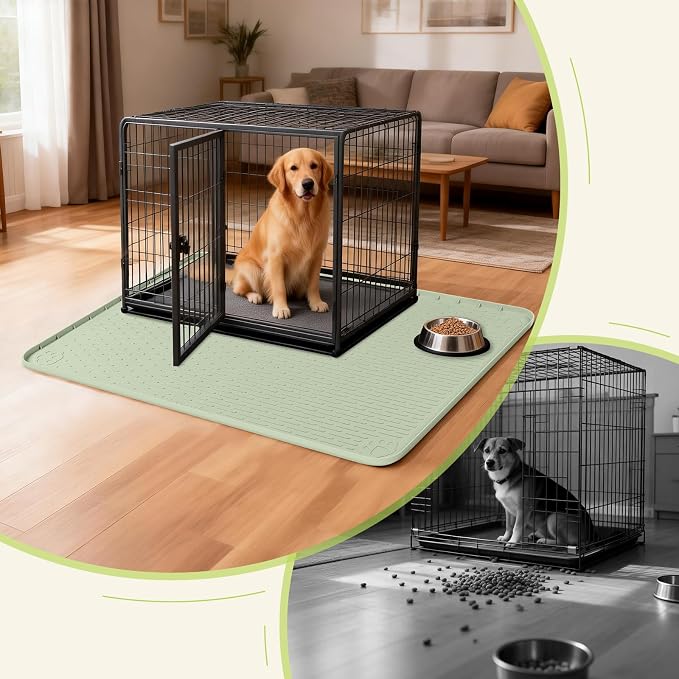 Silicone Dog Crate Mat 50"x 35" Under Dog Crate Kennel Pad Mat, Green | Extra Large Dog Cage Mat, Non-Slip Waterproof Dog Playpen Mat, Reusable Washable Dog Mat for Crate, Protect Floors
