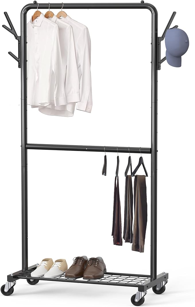 Simple Houseware Double Rod Clothes Rack with Wheels, Hooks & Shelf, Black | Heavy-Duty Metal Garment Rack Organizer