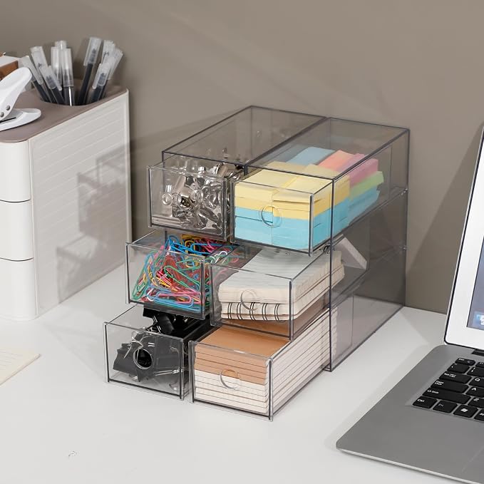 Clear Desk Drawers Organizer, 4 Pack, 12 Drawers, Plastic | For Home Office Supplies, Marker Pen, Art Crafts, Crayons, Coffee Pods, Makeup, For Bathroom, Kitchen, Pantry, Coffee Bar
