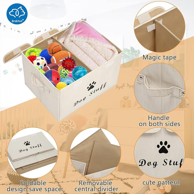 Large Dog Toys Storage Box Canvas Storage Basket Bin Organizer with Lid - Collapsible Linen Bin Ideal for Organizing Dog Cat Toys and pet Stuff-PP Boad-17" x 12" x 10" - Slub Beige