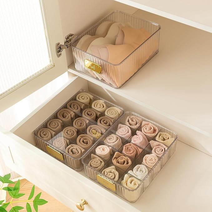 Sock Organizer for Drawer, 15 Compartments Detachable Plastic Underwear Drawer Organizer with Lid for Closet, Compartment Storage Ideal for Socks, Bras, Ties, and Scarves (Sock)