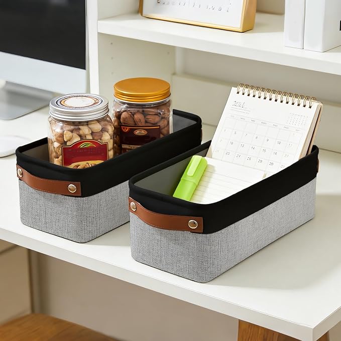 Bagnizer Small Fabric Storage Baskets, 15x6x5 inch Narrow Storage Bins 4-Pack Long Storage Basket for Organizing with Handles, Decorative Basket for Closets, Shelves, Toilet Paper, Grey
