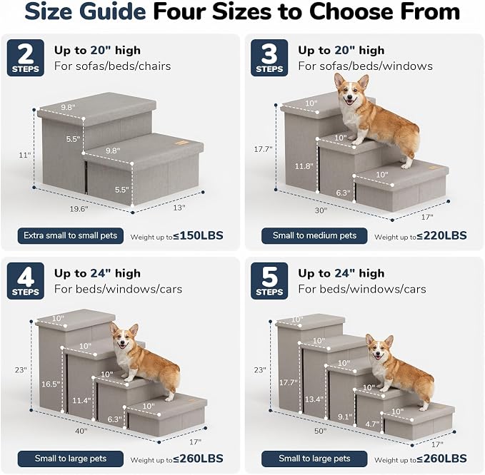 3-Step Dog Stairs for Large Dogs with Storage 18" H, Light Grey | Wide Dog Steps for High Bed Couch Window Car, Jiont-Friendly Pet Stairs Ramp for Small/Medium/Large Old Dogs Cats