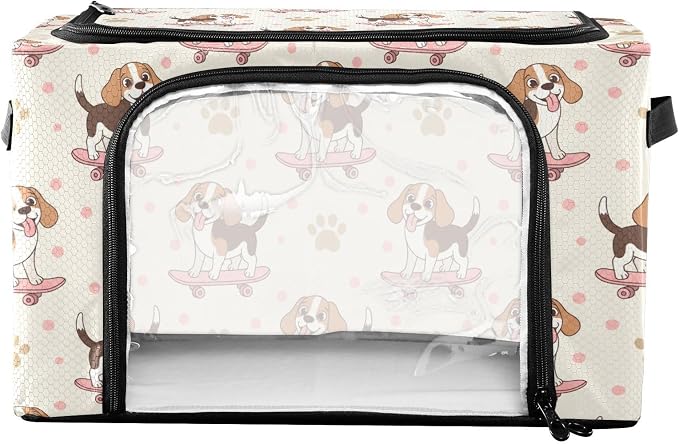 Cute Pets Dog Beige pattern Under Bed Storage Containers with Double Zipper Openings, Foldable Clothes Storage Bins with Clear Window and Handles for Bedding Comforters Blankets