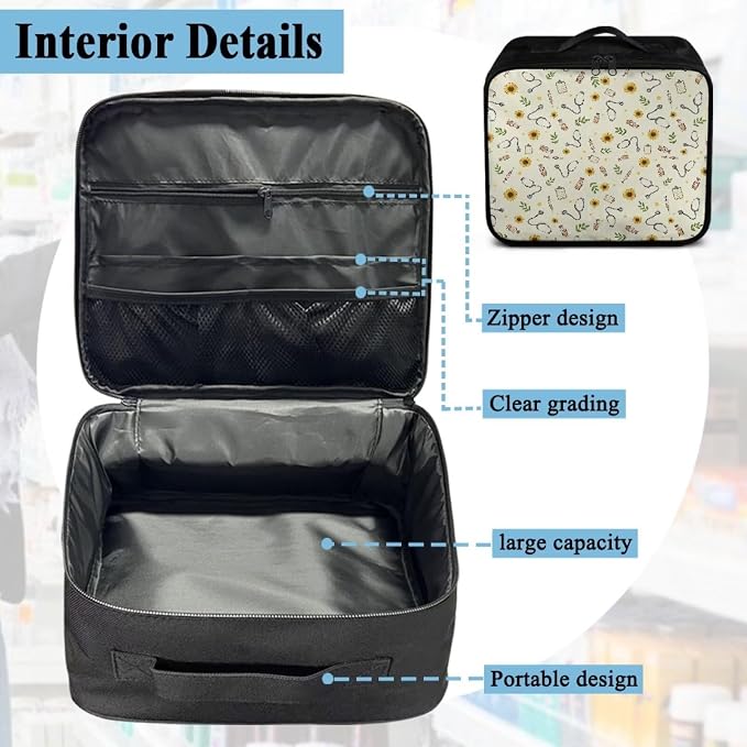 Medical Bag for Travel First Aid Bag Empty Stethoscope Sunflower Patterns First Aid Pouches Empty Medium Storage Compact Survival Medicine Bag for Home Office Car Travel School