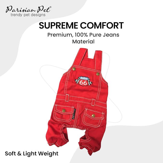 Parisian Pet Red Dog Overalls - Route 66 Denim Dog Clothes - Breathable Sling Puppy Jumpsuit - Durable and Trendy Overalls for Dogs - Comfortable Jeans Dog Clothes for Large Dogs - Classy Pet Apparel