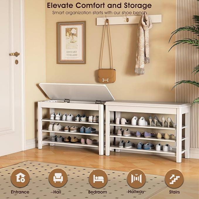 IUNVR Shoe Rack Bench Seat Rubberwood 3-Tier Wooden Storage Bench 550lbs Compact Mid-Century Modern Design for Entryway, Hallway, Closet, Front Door Entrance, Foyer