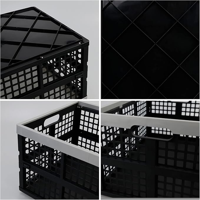 Sandmovie 42 Liter Plastic Stackable Collapsible Crate, 4 Pack | Folding Crates Storage