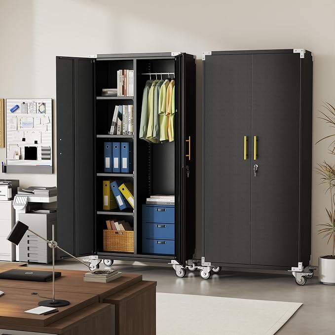 pozdeg 71" Black Rolling Lockable Metal Broom Closet Storage Cabinet