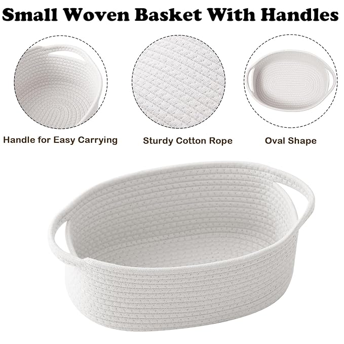 White Woven Rope Basket - Baby Gift Basket with Bag & Ribbon | Cotton rope with handle, 12 x 8 x 5 in, gift bag and ribbon, for baby shower, birthday, toy storage, nursery, shelf decor