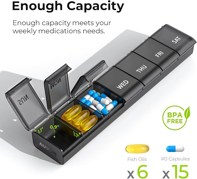 AUVON Weekly Pill Organizer with Effortless Opening Design, BPA-Free | Arthritis Friendly Pill Box, Cute Pill Organizer 7 Day, Portable Pill Case for Vitamins, Supplements and Medications, Black