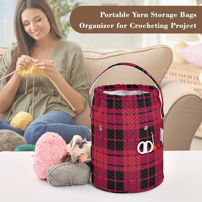 Tatenale Crochet Bag Yarn Bag Knitting Project Bag with Pockets and Handle Portable Yarn Storage Organizer Tangle Free 8.3x11 InchCheckered Red14